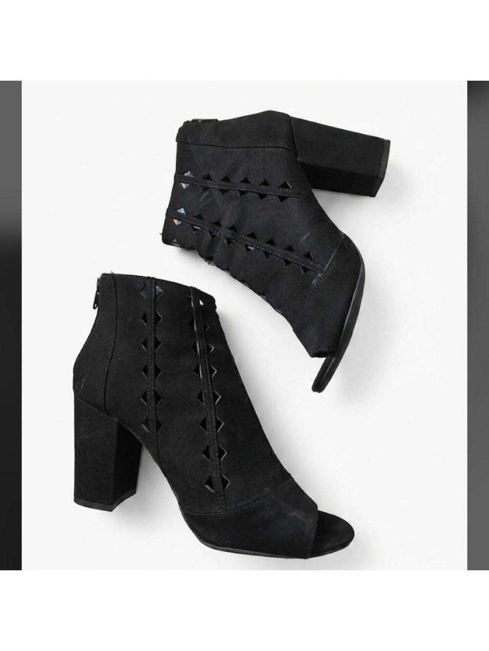 Brash Black Faux Suede Cutout Peep-Toe Block Heel Booties